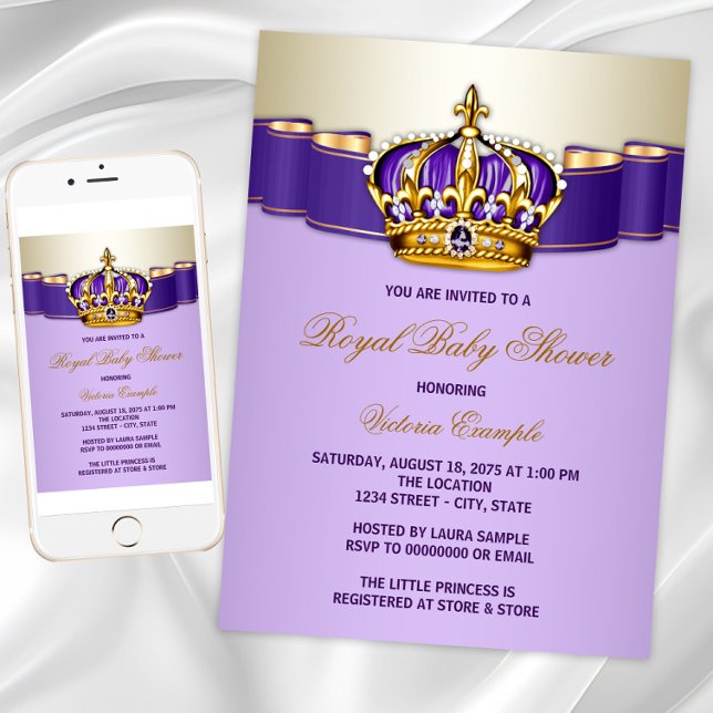 Purple Gold Princess Baby Shower Invitation (Instant download and printed invitations available.)