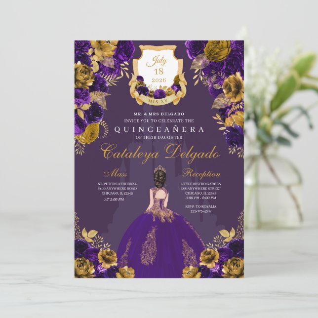 Purple & Gold Princess Castle Quinceañera Invitation (Standing Front)