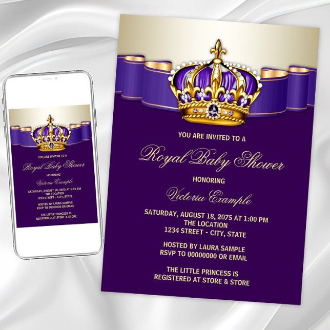 Purple Gold Princess Crown Baby Shower Invitation (Purple gold princess any event invitation. Instant download and printed invitations available.)