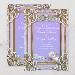 Purple Gold Princess Crown & Carriage Quinceañera Invitation