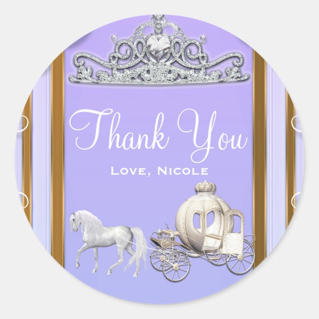 Purple Gold Princess Crown Carriage Sweet 16 Party Classic Round Sticker (Front)