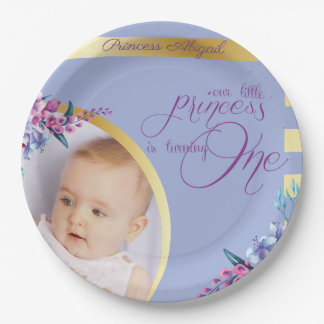 Purple Gold Princess Photo Birthday Paper Plate