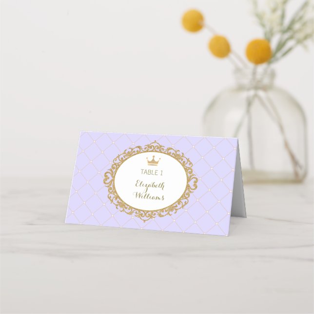 Purple Gold Princess Place Cards Table Number (Front)