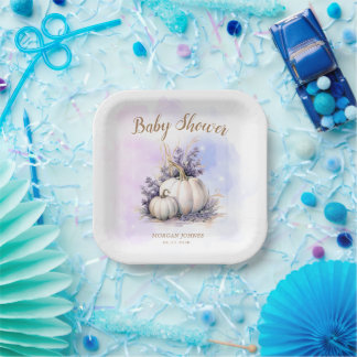 Purple Gold Pumpkin Autumn Baby Shower Paper Plate