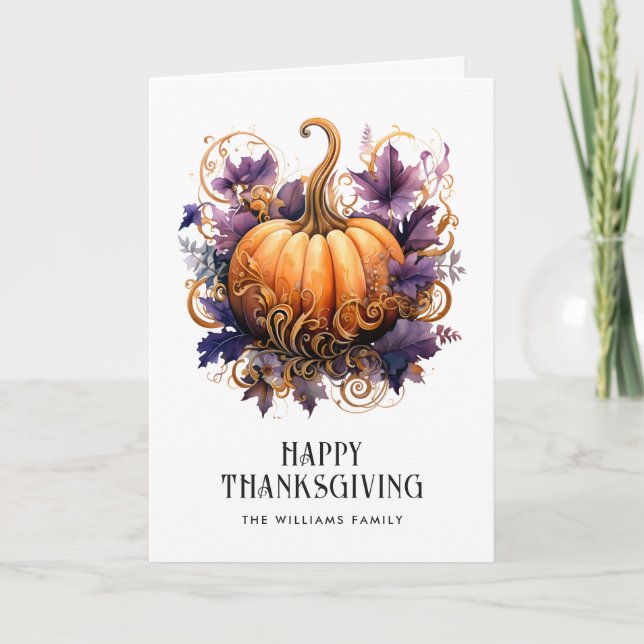 Purple Gold Pumpkin Photo Happy Thanksgiving Card (Front)
