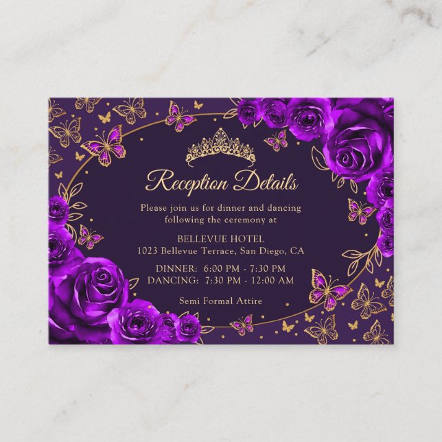 Purple Gold Quinceanera Reception Details Enclosure Card (Front)
