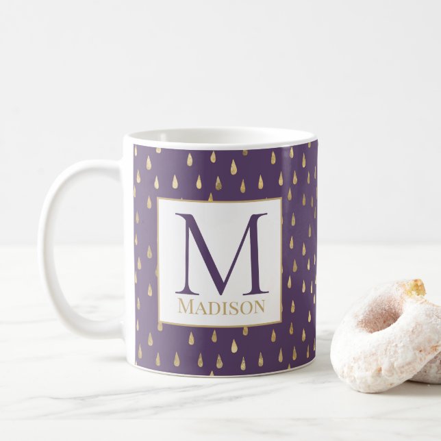 Purple Gold Raindrop Modern Trendy Monogram Coffee Mug (With Donut)