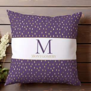 Purple Gold Raindrop Modern Trendy Monogram Throw Pillow