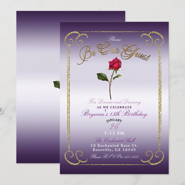 Purple & Gold Red Rose Beauty Birthday Party Invitation (Front/Back)
