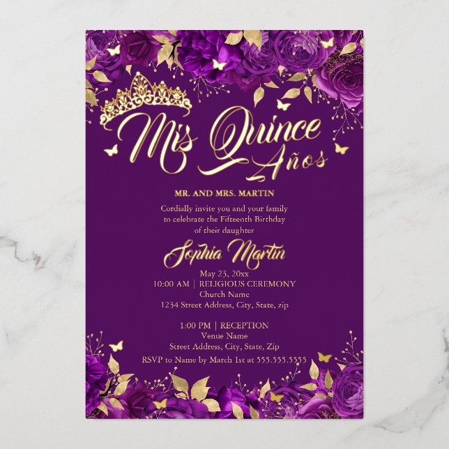 Purple Gold Rose Mis Quince Quinceanera  (Front)