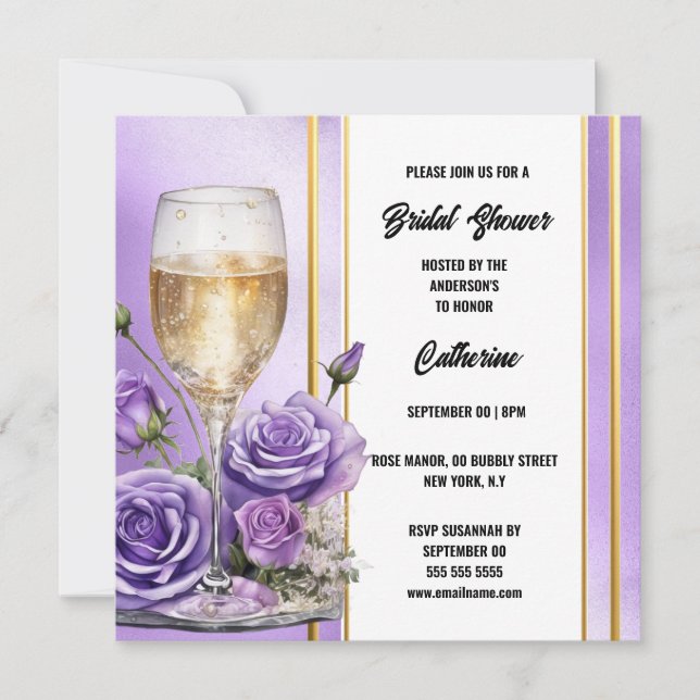 Purple gold rose sparkling wine bridal shower holiday card (Front)