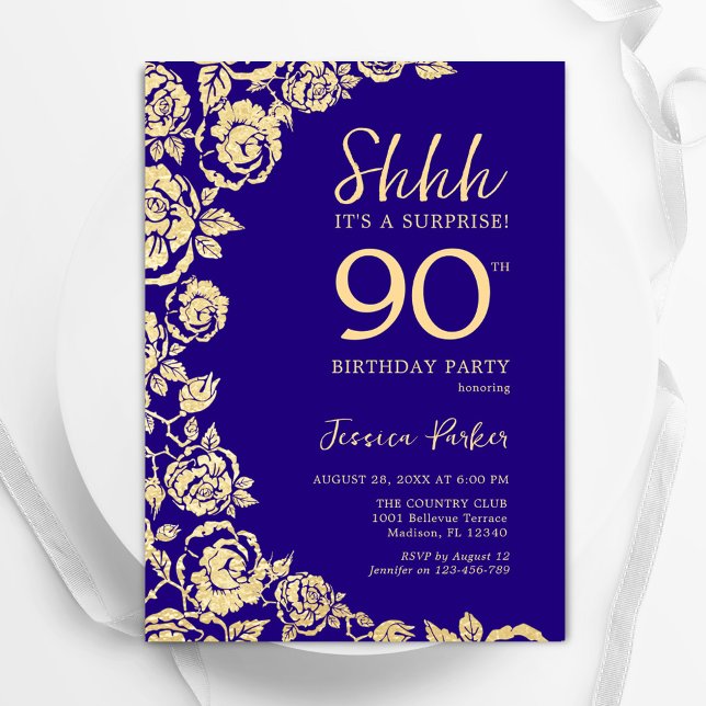 Purple Gold Roses Surprise 90th Birthday Invitation (Creator Uploaded)