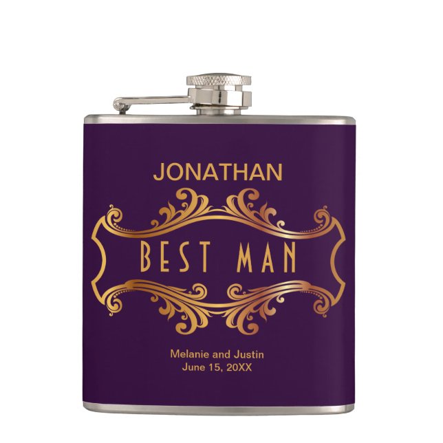 Purple Gold Royal Crest Frame Best Man Favour Hip Flask (Front)