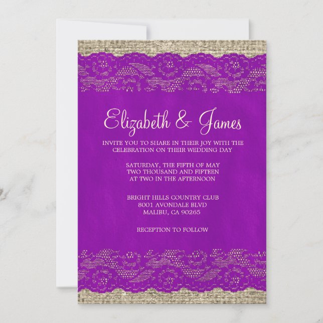 Purple & Gold Rustic Lace Wedding Invitations (Front)