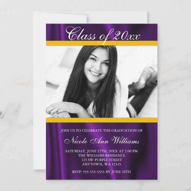 Purple Gold Satin Photo Graduation Announcement (Front)