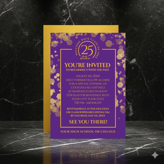 Purple & Gold School Class Reunion Invitation (Elegant Purple & Gold School Class Reunion Invitation Cover Photo)