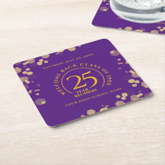 Purple & Gold School College Class Reunion Square Paper Coaster (Angled)