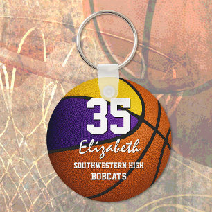Purple gold school colours girls boys basketball keychain
