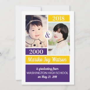 Purple Gold School Colours Then and Now Graduation Invitation