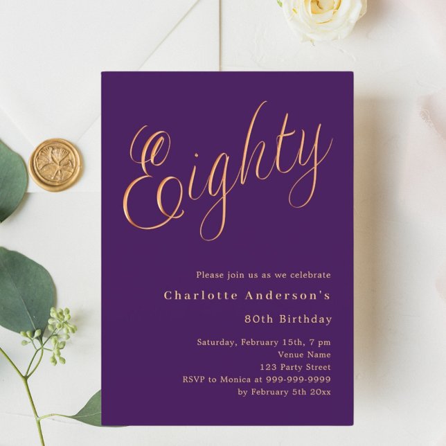 Purple gold script 80th birthday invitation (Creator Uploaded)