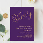 Purple gold script 90th birthday invitation<br><div class="desc">A modern,  stylish invitation for a 90th birthday party.  A purple coloured background and the word Ninety written with elegant large script letters in faux gold. Personalize and add a name and party details.</div>