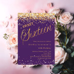 Purple gold script elegant Sweet 16 Invitation<br><div class="desc">A modern Sweet 16 invitation. A purple background and the word Sixteen written with large letters. Decorated with golden confetti. Personalize and add a name and party details.</div>