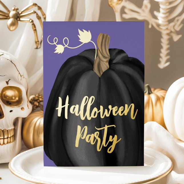 Purple Gold Script Pumpkin Halloween Party (Purple Gold Script Pumpkin Halloween Party Foil Invitation)