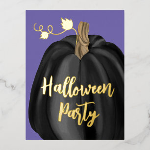 Purple Gold Script Pumpkin Halloween Party Foil Invitation Postcard