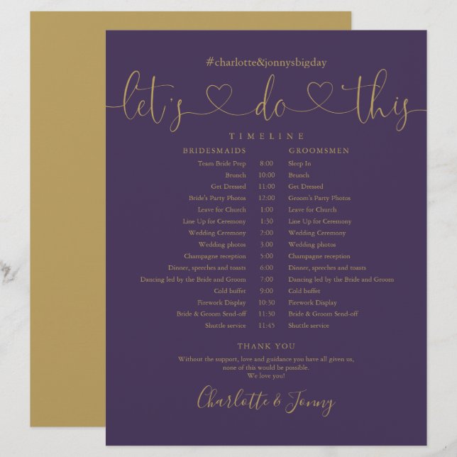 Purple Gold Script Wedding Schedule Timeline (Front/Back)