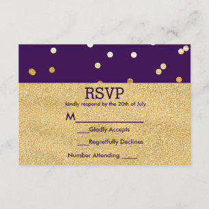 Purple & Gold Shiny Confetti Dots Chic Modern RSVP Card