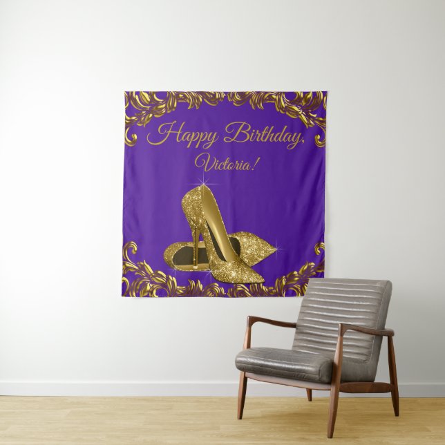 Purple Gold Shoe Birthday Party SQ Backdrop Tapestry (In Situ)