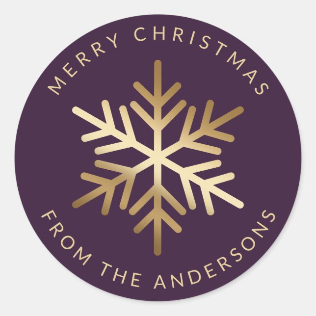 Purple Gold Snowflake Family Merry Christmas Classic Round Sticker (Front)