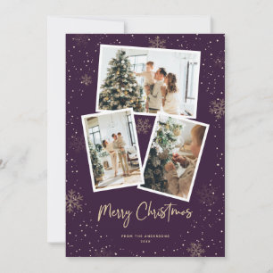 Purple Gold Snowflake Photo Merry Christmas Cards