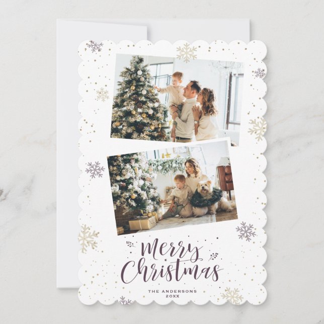 Purple Gold Snowflake Photo Merry Christmas Holiday Card (Front)