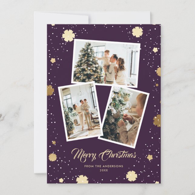 Purple Gold Snowflakes Photo Christmas Holiday Card (Front)