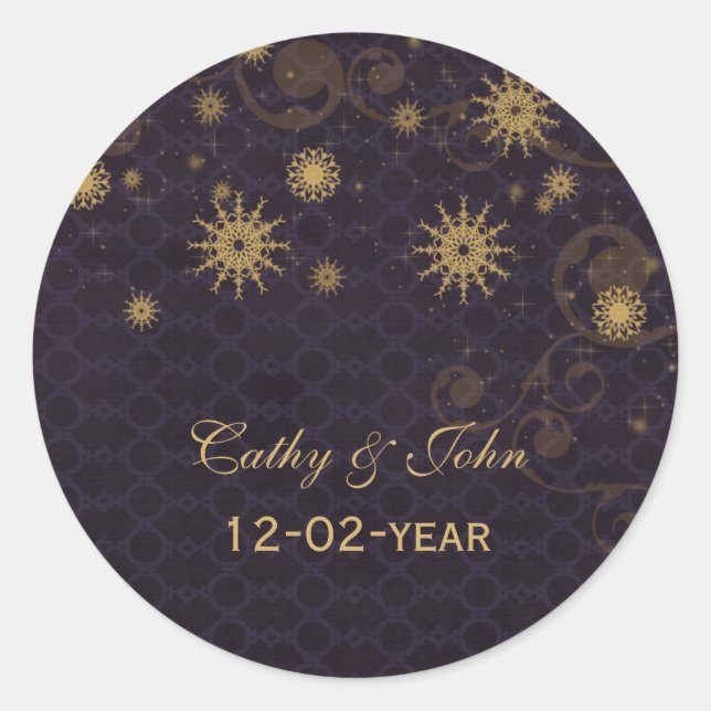 purple gold Snowflakes wedding favour stickers (Front)