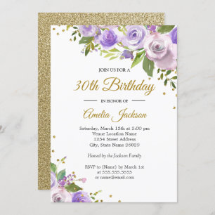 Purple Gold Sparkle Floral 30th Birthday Invite