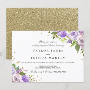 Purple Gold Sparkle Floral Rehearsal Dinner Invite