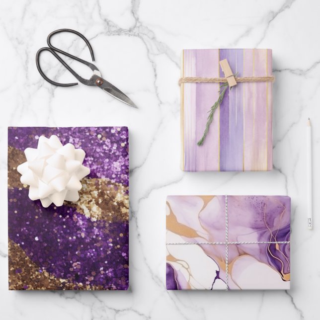 Purple Gold Sparkle Glitter Girly Stripes Birthday Wrapping Paper Sheet (Front)