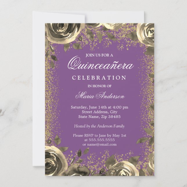 Purple & Gold Sparkle Glitter Quinceanera Invite (Front)