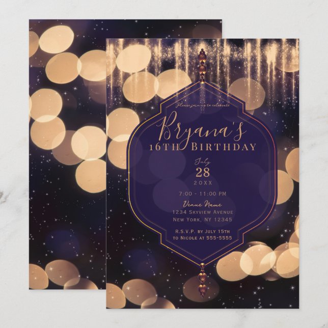 Purple Gold Sparkle Lights Mystical Night Sweet 16 Invitation (Front/Back)