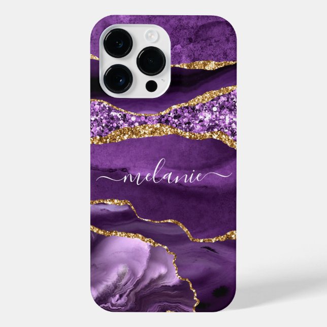 Purple Gold Sparkle Marble Your Name iPhone Case (Back)