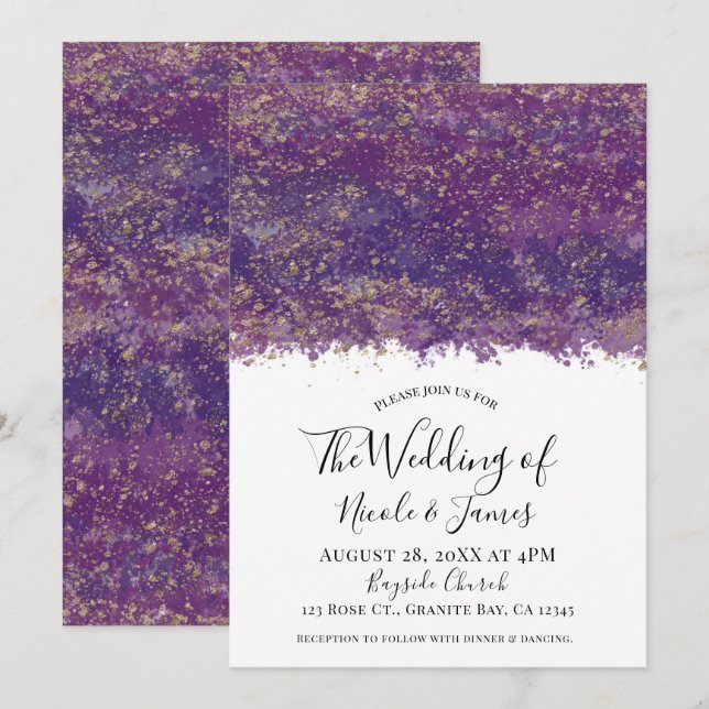 Purple Gold Splatter Modern Glam Wedding Marriage Invitation (Front/Back)