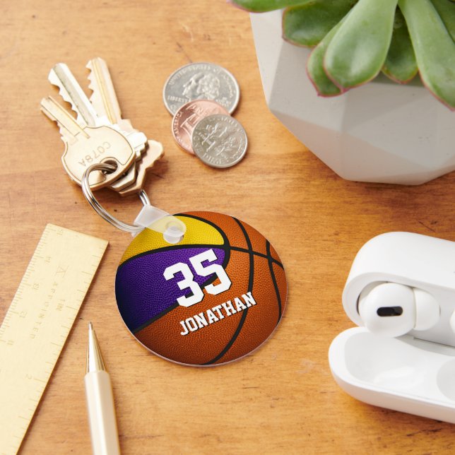purple gold sports team colours boys basketball keychain (Desk)