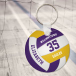 purple gold sports team colours volleyball keychain<br><div class="desc">This sporty volleyball themed keychain for girls or boys features a realistic looking purple,  gold and white volleyball upon which you can customize the player's name & jersey number plus school or club name and mascot name in a varsity letter style font - by katz_d_zynes</div>