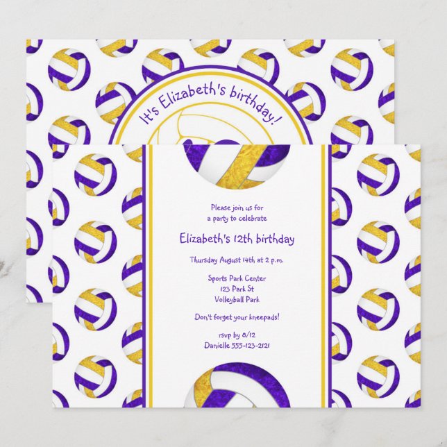 purple gold sporty girls volleyball birthday party invitation (Front/Back)