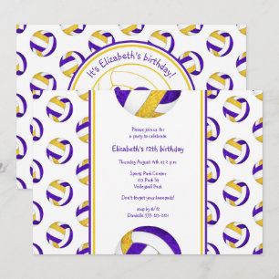 purple gold sporty girls volleyball birthday party invitation