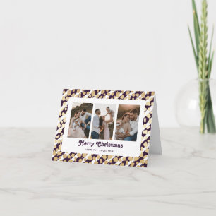Purple Gold Stars 3 Photo Merry Christmas Card
