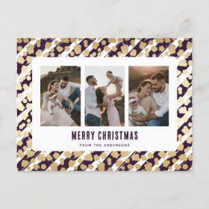 Purple Gold Stars 3 Photo Merry Christmas Holiday Postcard