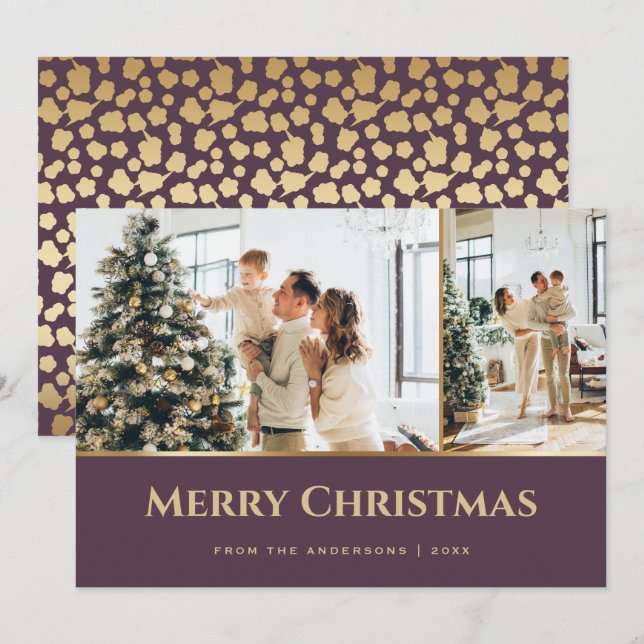 Purple Gold Stars Photo Christmas Holiday Card (Front/Back)